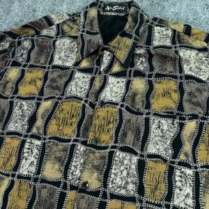 Alan Stuart Shirt Mens XL Black Yellow Grey Abstract Block Geometric Rayon‎ 90s